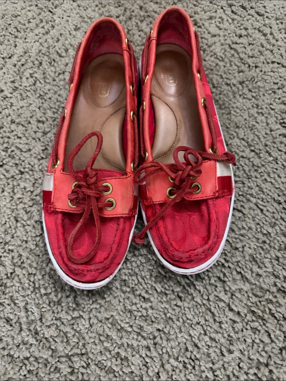 Coach Red Canvas Moccasin Boat Shoes with White Trim